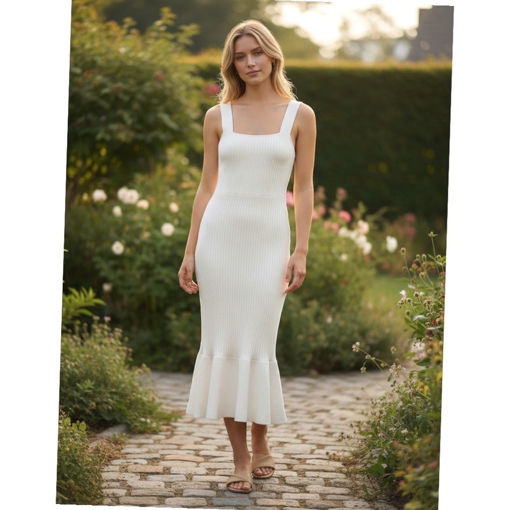 Cider Cream Ribbed Knit‎ Midi Dress Square Neck Mermaid Flounce Hem Small NEW
